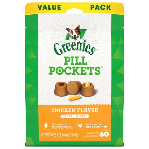 Greenies Pill Pockets for Dogs Capsule Size Natural Soft Dog Treats Chicken Flavor, 15.8 oz. Pack (60 Treats)