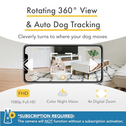 Furbo 360° Dog Camera + Dog Nanny w/Smart Alerts (Paid App Subscription Required): Home Emergency & Dog Safety Alerts | 360° Rotating Dog Tracking, Treat Toss, Night Vision, 2-Way Audio, Bark Alert