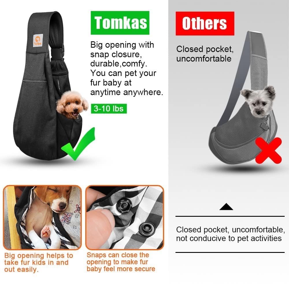 TOMKAS Small Dog Sling Carrier - Adjust. Strap & Zip Pocket - Suitable for Puppies (Black)