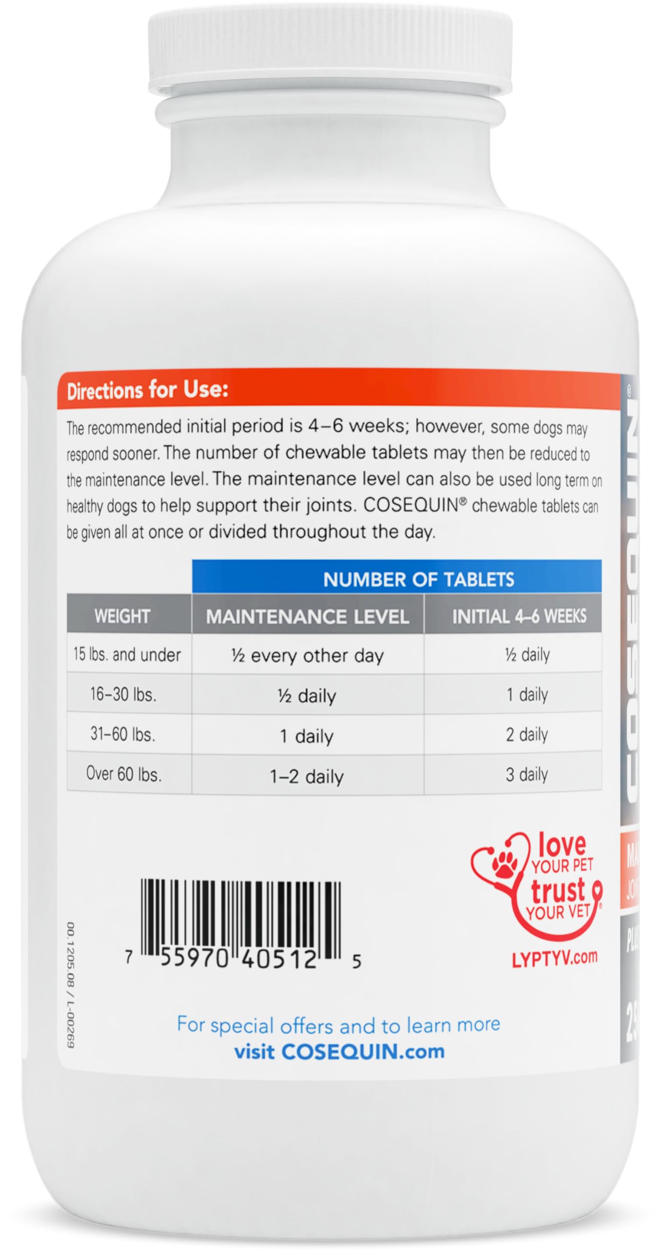 Nutramax Laboratories Cosequin Maximum Strength Joint Health Supplement for Dogs - With Glucosamine, Chondroitin, and MSM, 250 Chewable Tablets