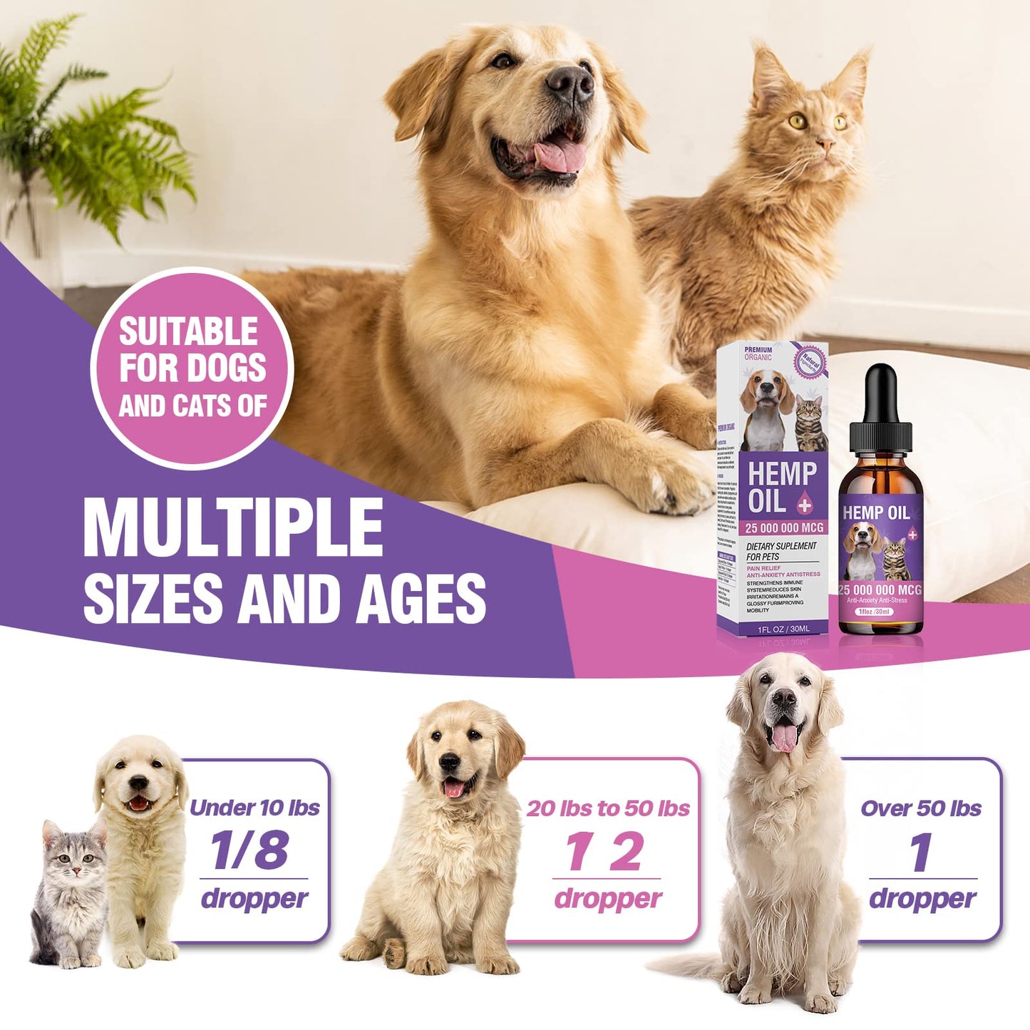 Hemp Oil for Dogs and Cats 3 Pack Relief Pet with Anxiety Stress Pain Aggressive Pets Calming Drops Help Dog Cat Calm Sleep Relaxing Aid Treats Seizure Joint Hip Inflammation Rich in Omega 3 6 9