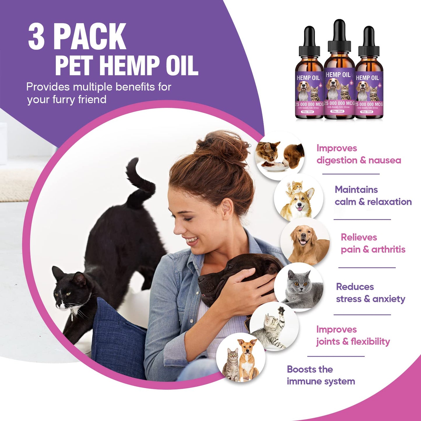 Hemp Oil for Dogs and Cats 3 Pack Relief Pet with Anxiety Stress Pain Aggressive Pets Calming Drops Help Dog Cat Calm Sleep Relaxing Aid Treats Seizure Joint Hip Inflammation Rich in Omega 3 6 9