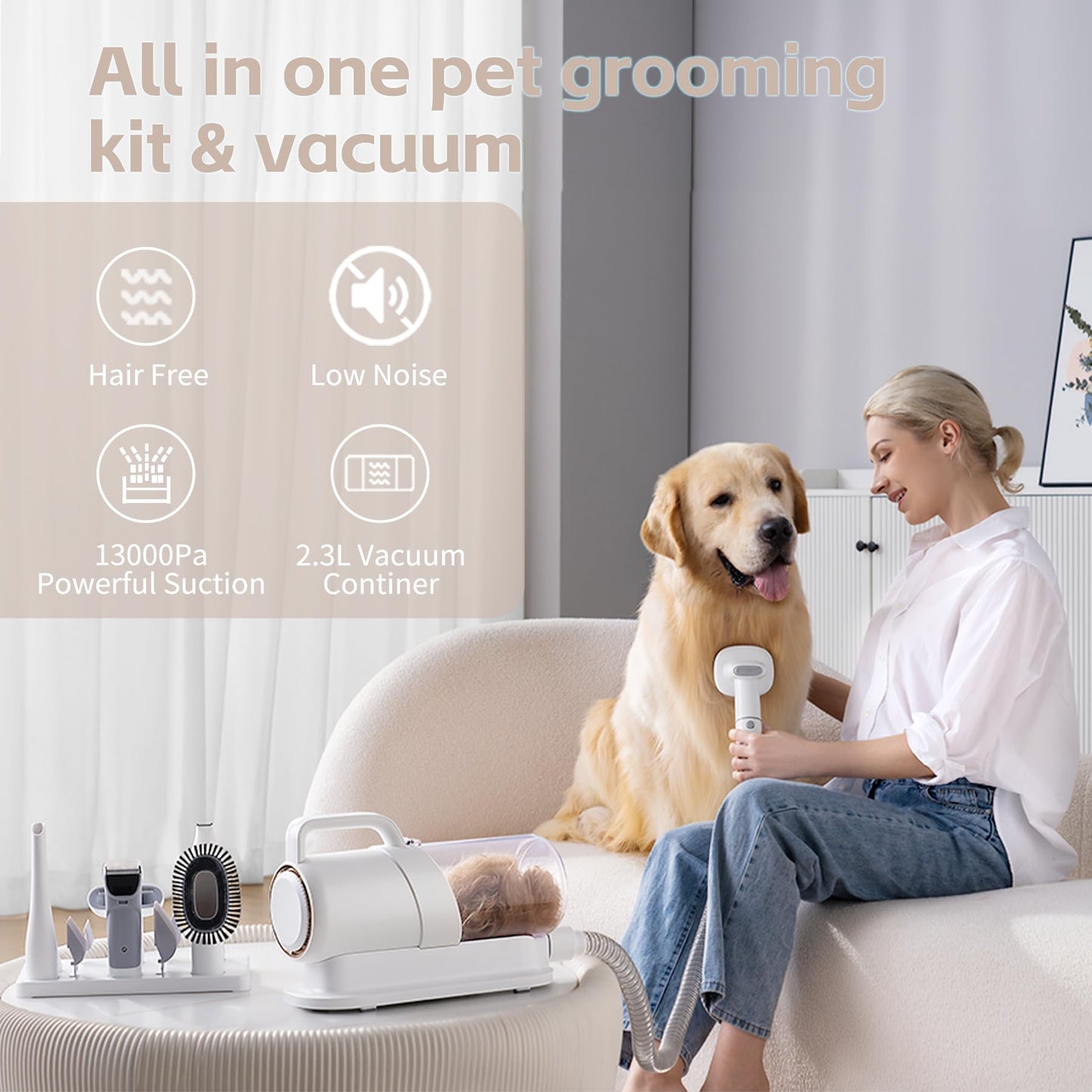 sckang Pet Clipper Grooming &Dog Grooming Vacuum Kit,Vacuum & Nail Grinder - Low Noise Tech, 99% Hair Pickup & 2.3L Dust Cup Capacity - Proven Tools for Pet Care (White&Gold)