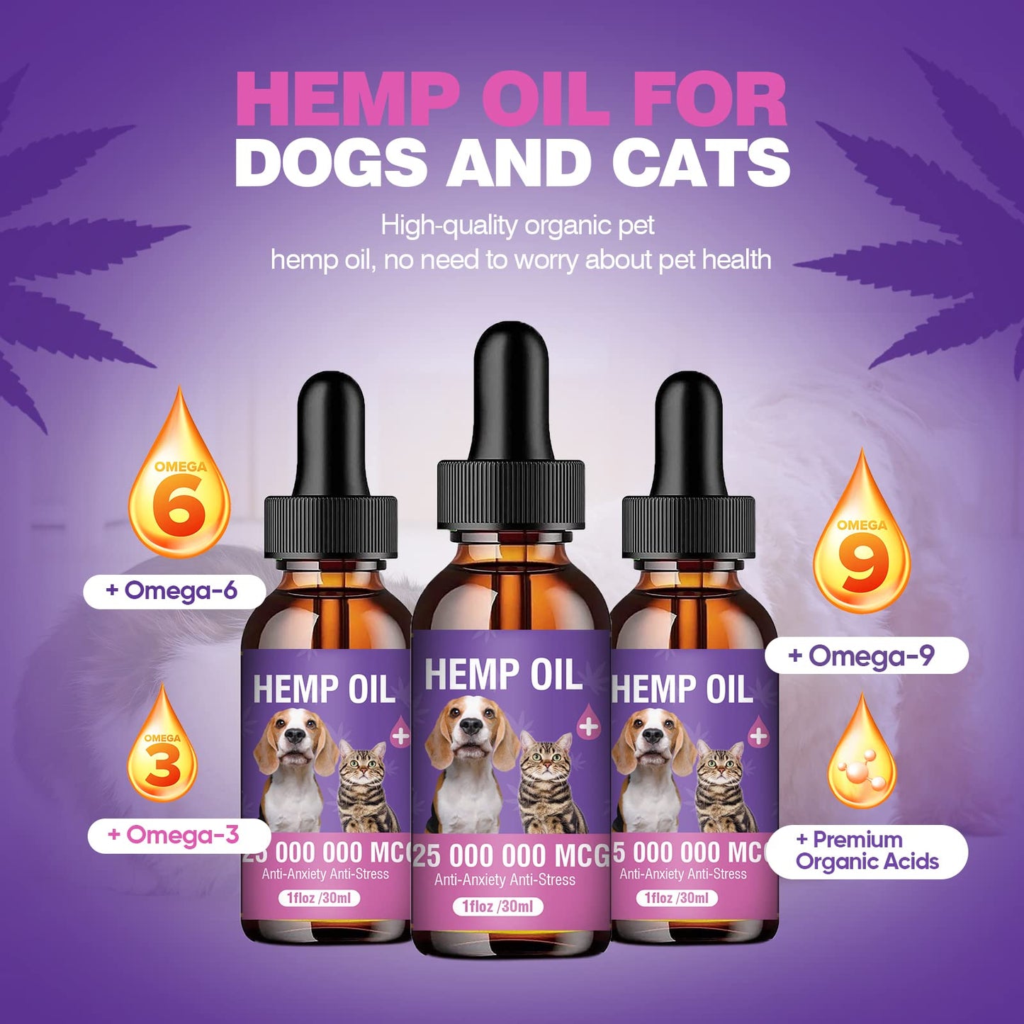 Hemp Oil for Dogs and Cats 3 Pack Relief Pet with Anxiety Stress Pain Aggressive Pets Calming Drops Help Dog Cat Calm Sleep Relaxing Aid Treats Seizure Joint Hip Inflammation Rich in Omega 3 6 9