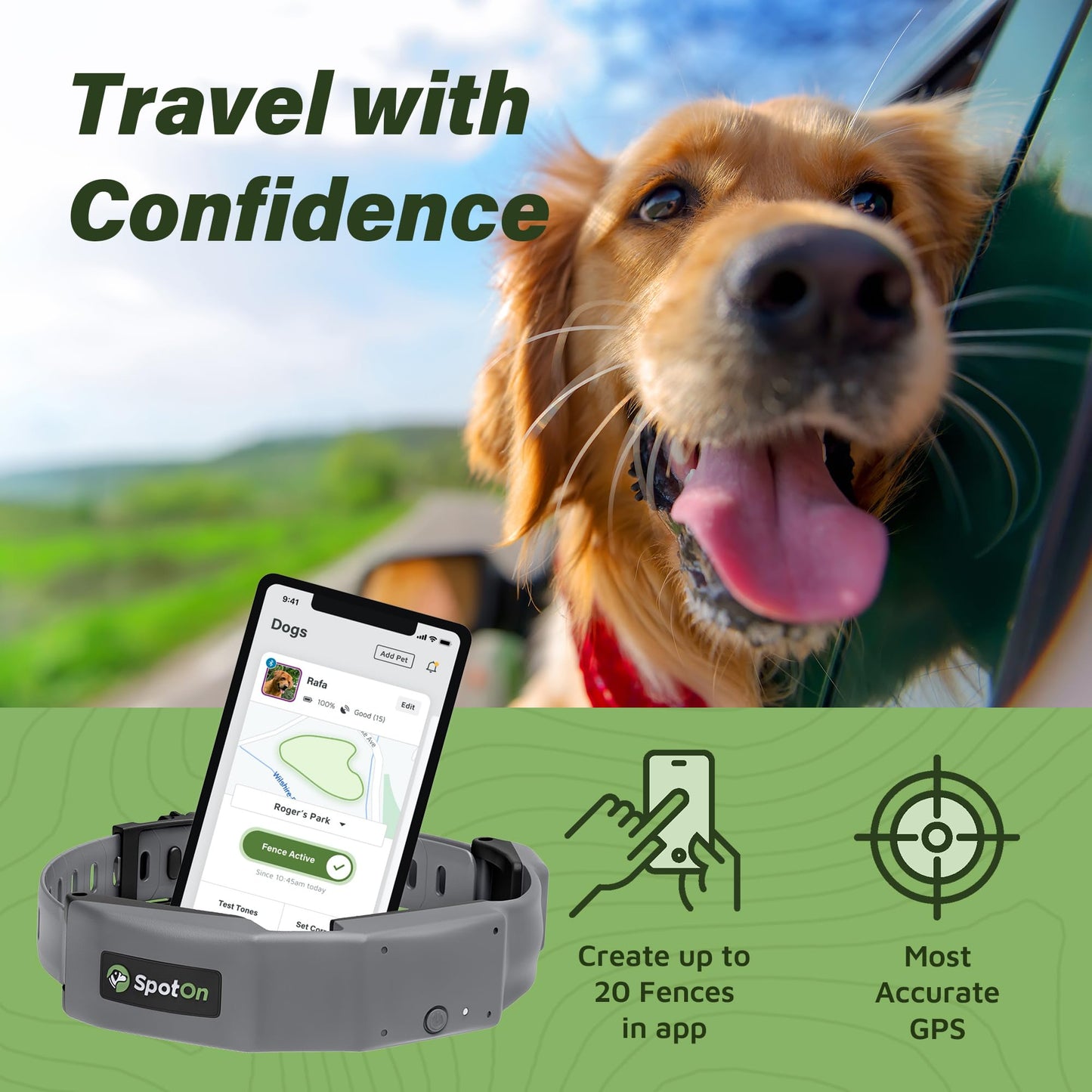 SpotOn GPS Dog Fence, App Based Wireless Dog Fence Collar, Waterproof, Reliable 128 Satellite Network GPS Dog Fence System, Battery Powered Virtual Dog GPS Tracker for All Terrain Medium/Verizon