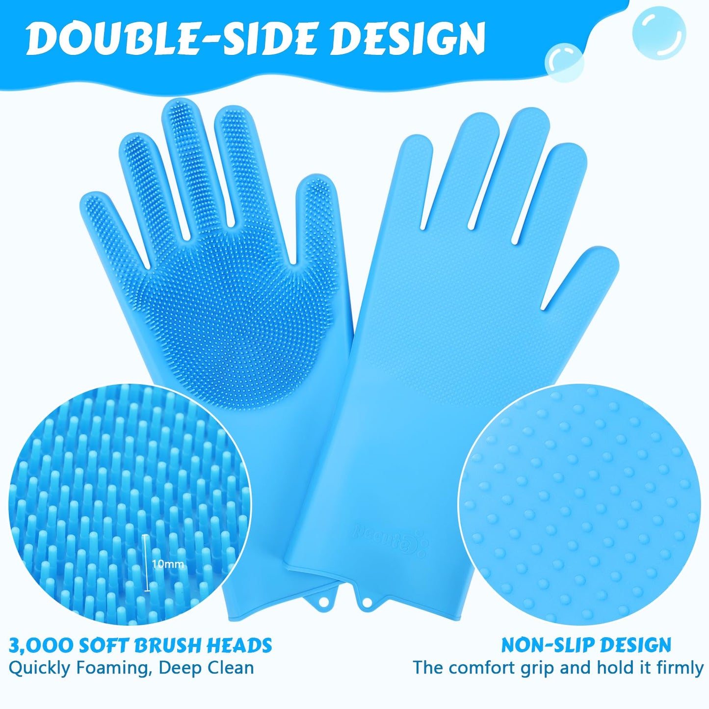 Pecute Pet Grooming Gloves, Heat Resistant Cat Bathing Gloves with High-Density Teeth, Silicone Dog Bathing Gloves with Enhanced Five Finger Design, Bathing and Massaging for Dogs and Cats Blue