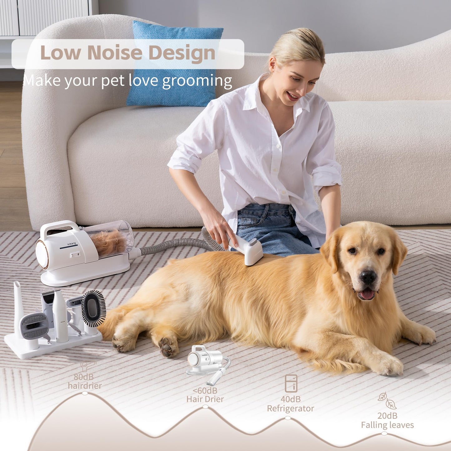 sckang Pet Clipper Grooming &Dog Grooming Vacuum Kit,Vacuum & Nail Grinder - Low Noise Tech, 99% Hair Pickup & 2.3L Dust Cup Capacity - Proven Tools for Pet Care (White&Gold)