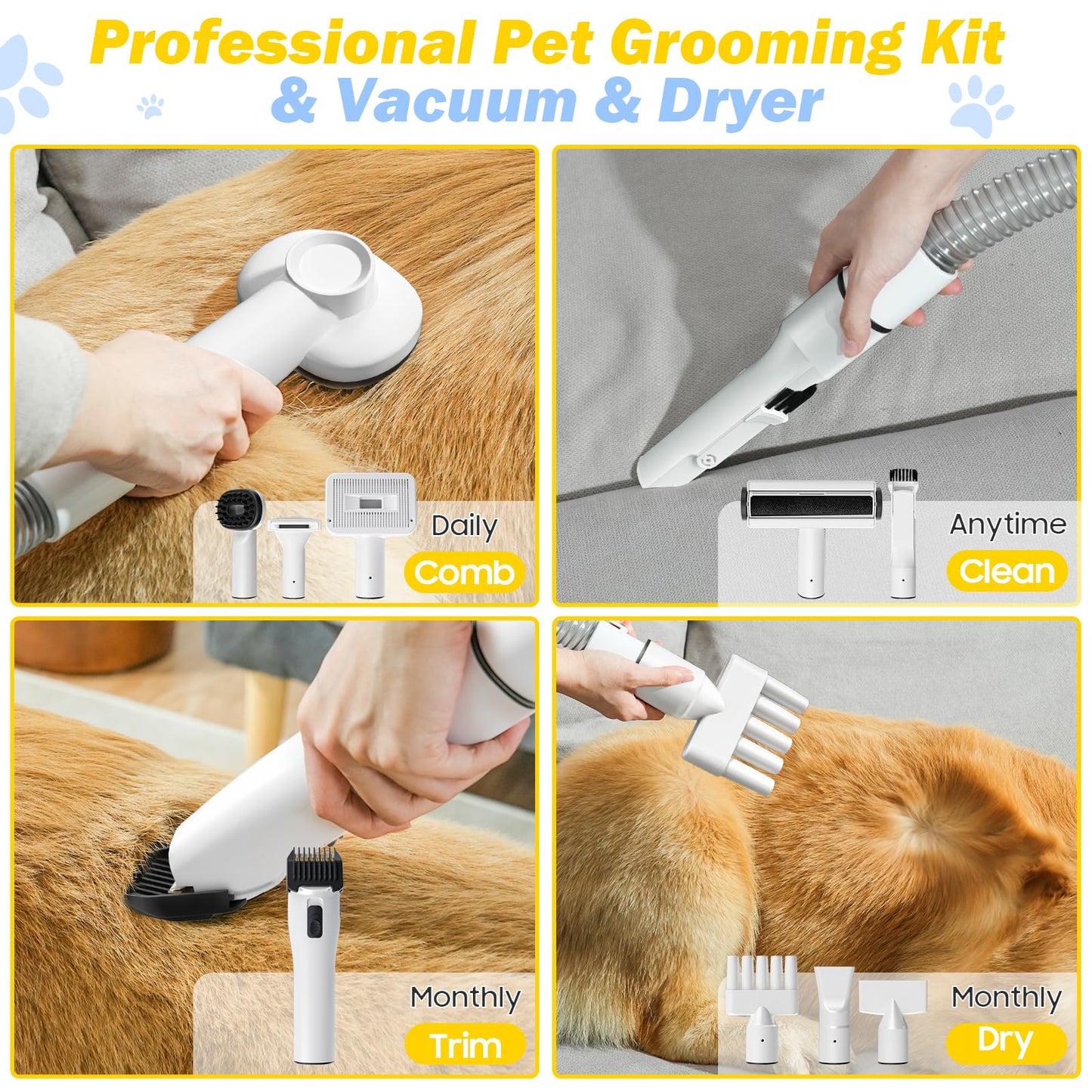 Dog Grooming Vacuum & Pet Hair Dryer & Dog Grooming Kit Suction 99% Pet Hair, 3L Large Capacity Dog Vacuum with 9 Tools, Quiet, Adjustable Airflow and Temperature