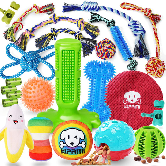 KIPRITII Dog Chew Toys for Puppy - 23 Pack Puppies Teething Chew Toys for Boredom, Pet Dog Toothbrush Chew Toys with Rope Toys, Treat Balls and Dog Squeaky Toy for Puppy and Small Dogs